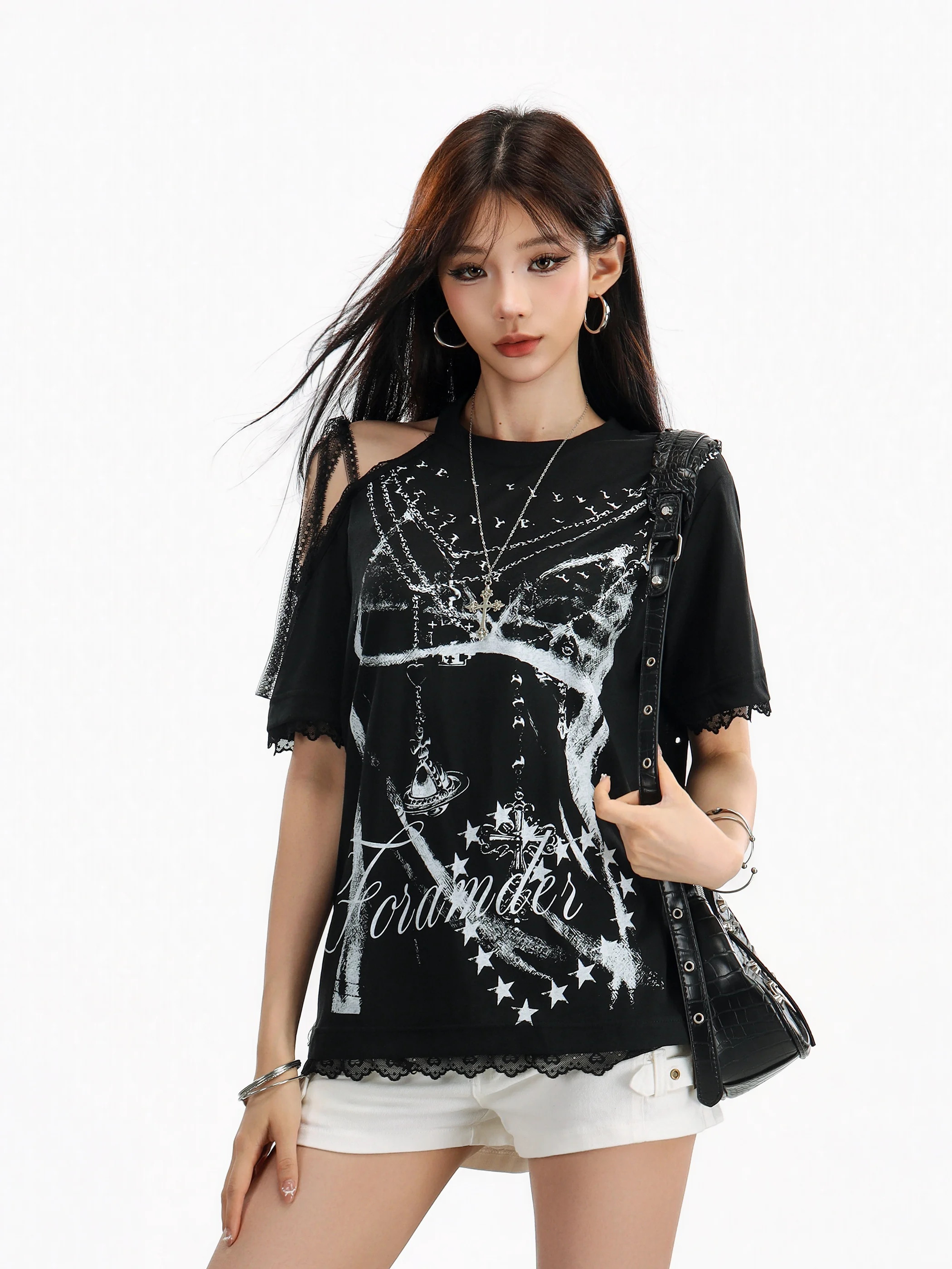 

Gothic Dark Style Short Sleeve T-Shirt Women's Lace Trim Shoulder Design Small Audience Oblique Shoulder Top Breathable Summe...