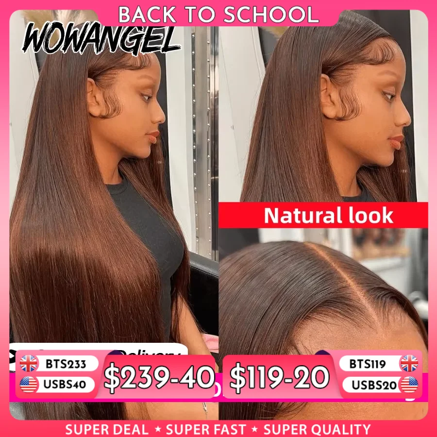 34 Zoll lange, glatte, schokoladenbraune Echthaarperücken, 13x6 HD Full Lace Frontal Perücke, 250% vorgezupfte, hautähnliche HD Lace Perücke für Damen