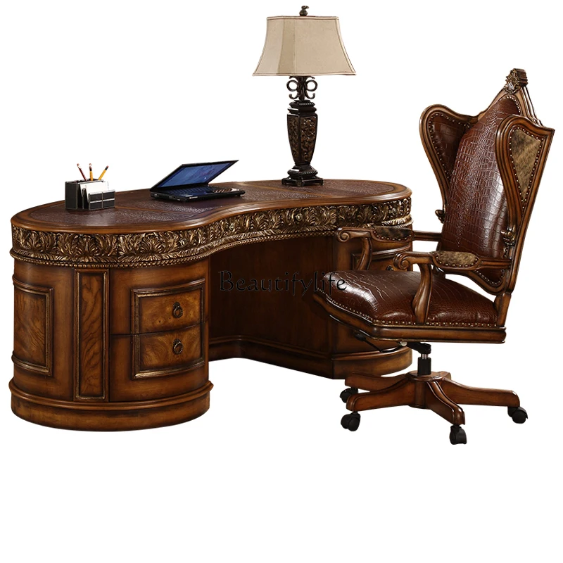 European solid wood desk oval American home carved desk high-end boss table