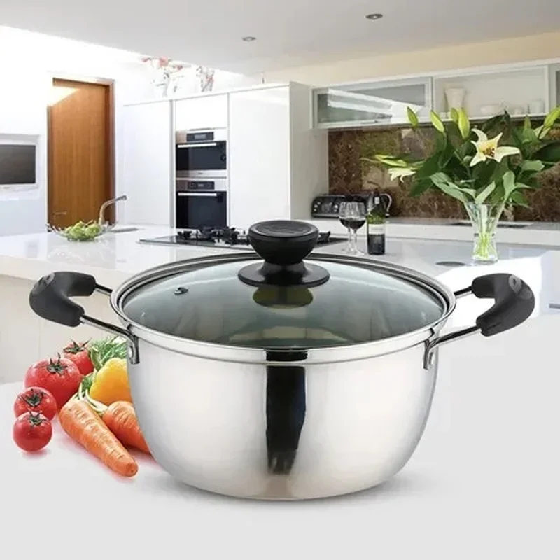 Multifunctional cooking pot, stainless steel soup pot, thickened anti-scalding handle, kitchen steaming pot, tempered glass lid