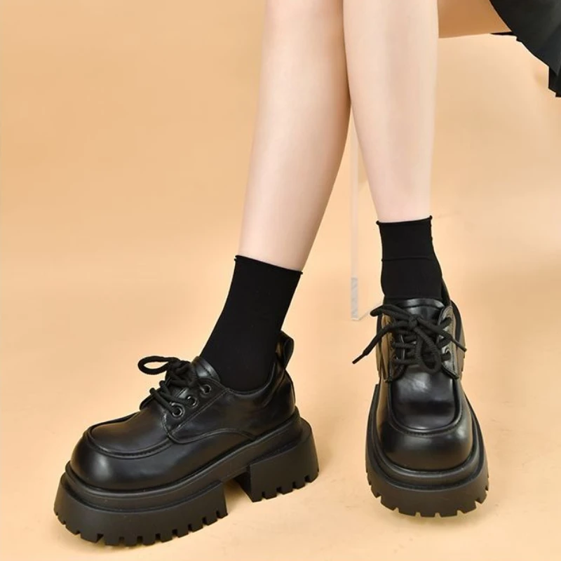 

Women's Retro Thick Heel Loafers 2025 Spring Autumn New British College Style Versatile Thick Sole Loafers Lace Up Shoes