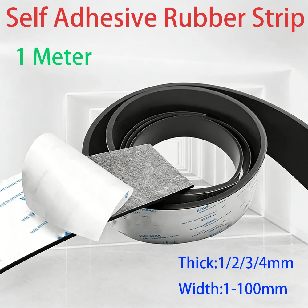 1 Meter Black Single-Sided Self-Adhesive Rubber Strip Thickn 1/2/3/4mm Anti-Collision Flat Strip Shock-Absorbing Cushion Pad