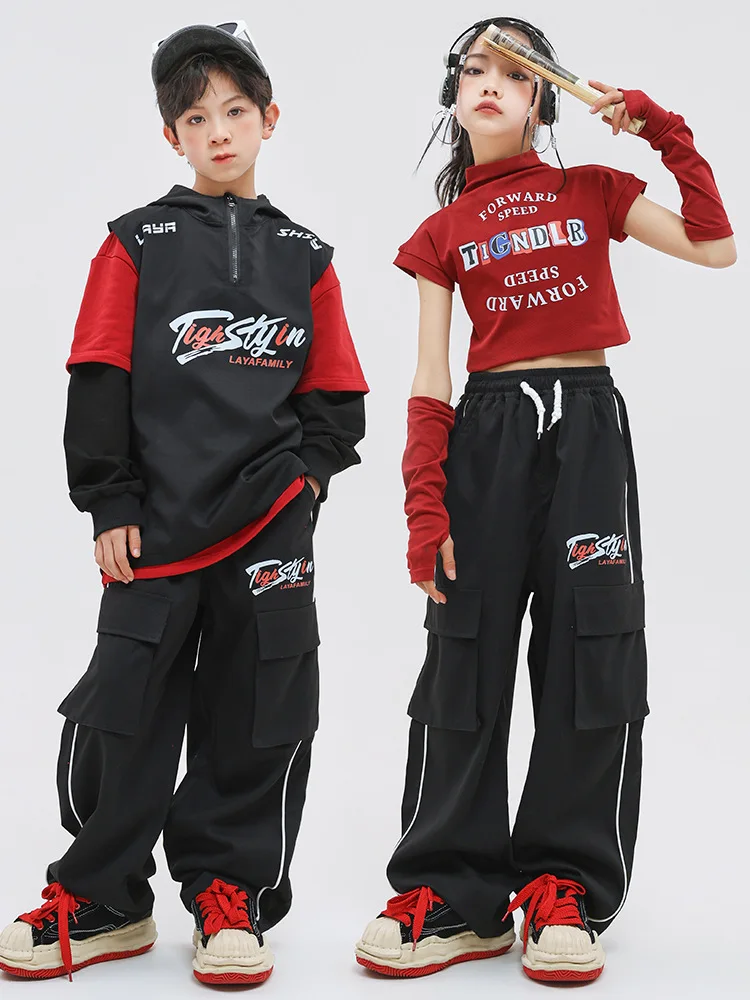 الفتيات الهيب هوب الأحمر عالية الرقبة المحاصيل الأعلى السراويل البضائع السوداء الاطفال K-pop الشارع الشهير الطفل الجاز زي فتاة مجموعة الملابس مجموعات