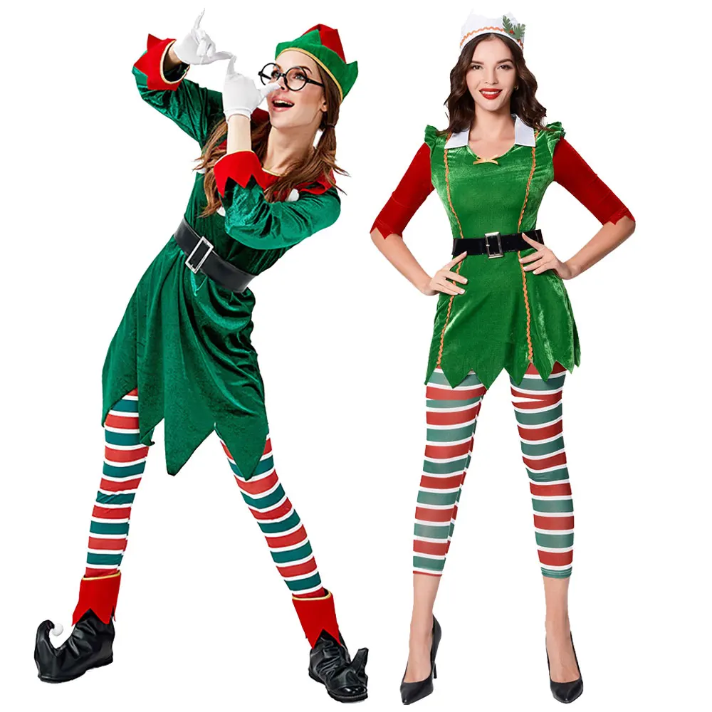 

Christmas Green Elf Velvet Costume Santa Claus Party Cosplay Dress New Year Christmas Festival Stage Performance Clothing