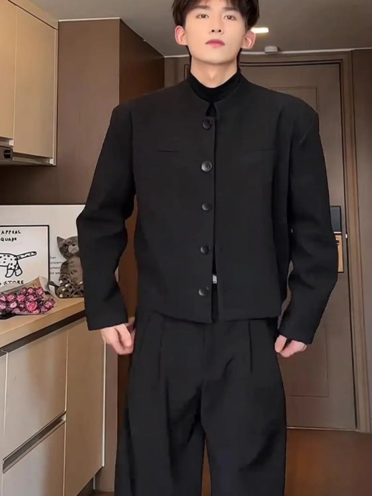 

New Chinese Sle ort Stand Collar Padded oulder Suit Jaet for Men Wedding Casual Wear Slim Fit Long Sve Pure Color