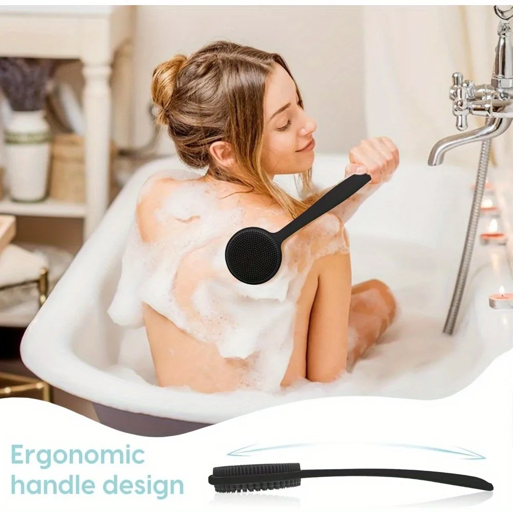Silicone Back Scrubber Brush for Shower Long Handle Body Deep Cleansing and Exfoliating Massage Double-Sided Soft Bristles