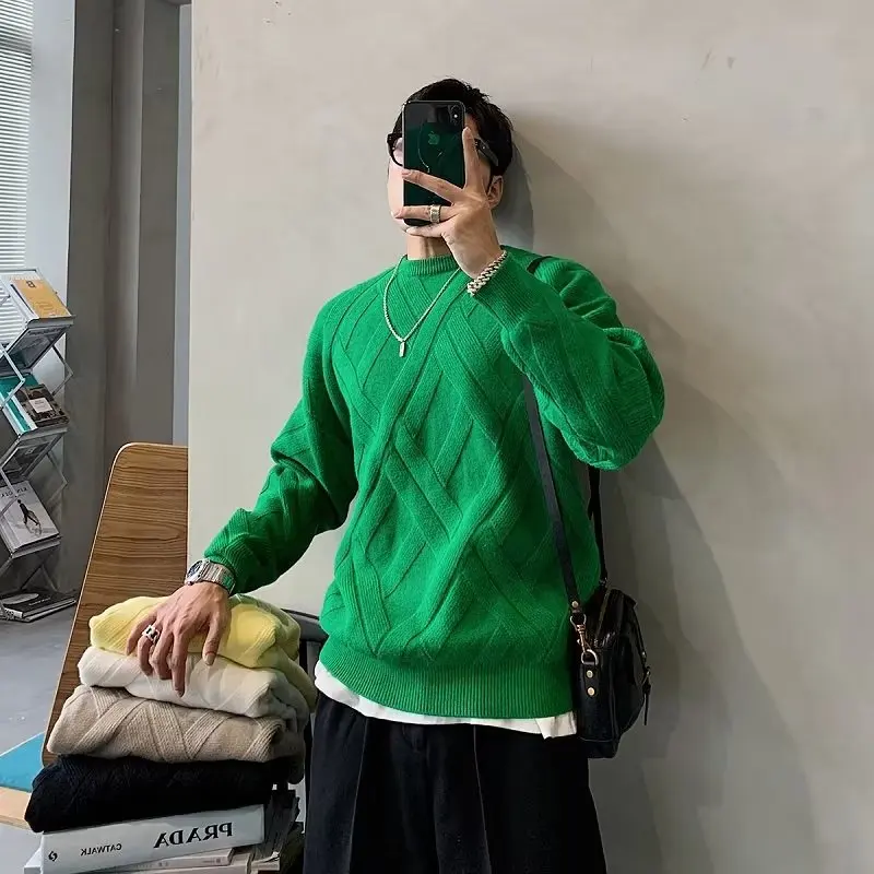 Suéter Tricotado de Gola Redonda Estilo Casual Masculino, Moda Outono Inverno, Cor Sólida, Estilo Americano