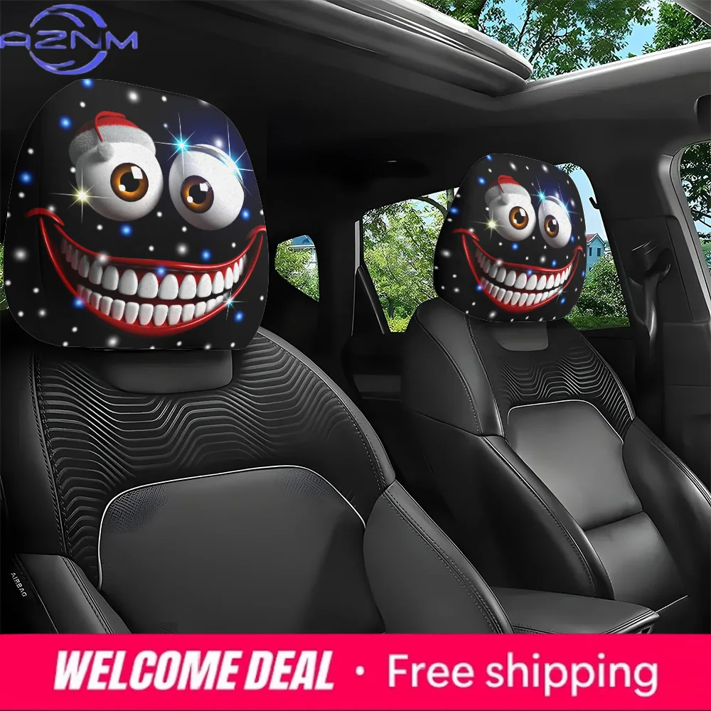 Two Interesting Smiling Car Headrest Covers, Christmas Holiday Gifts with Big Eyes and Expressive Faces, Car Parts Decoration