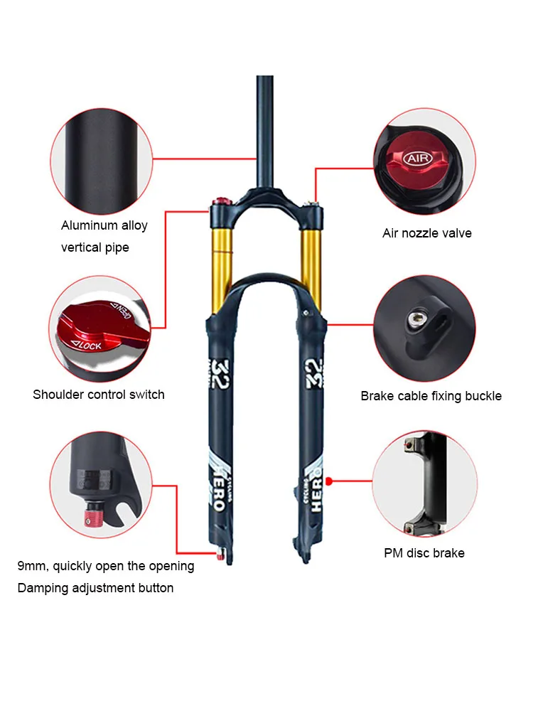 AliExpress ZJMZYM Quick Release Mountain Bike Fork 140mm Stroke MTB Shock-absorbing Air Fork Adjustable Straight Cone Tube Locking Shock Absorber