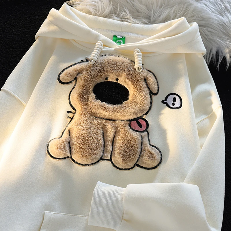 Cartoon Dog Embroidery Solid Women Hoodies and Sweatshirts Korean Fashion Trendy Style Female Hoody Autumn Winter Lady Pullovers