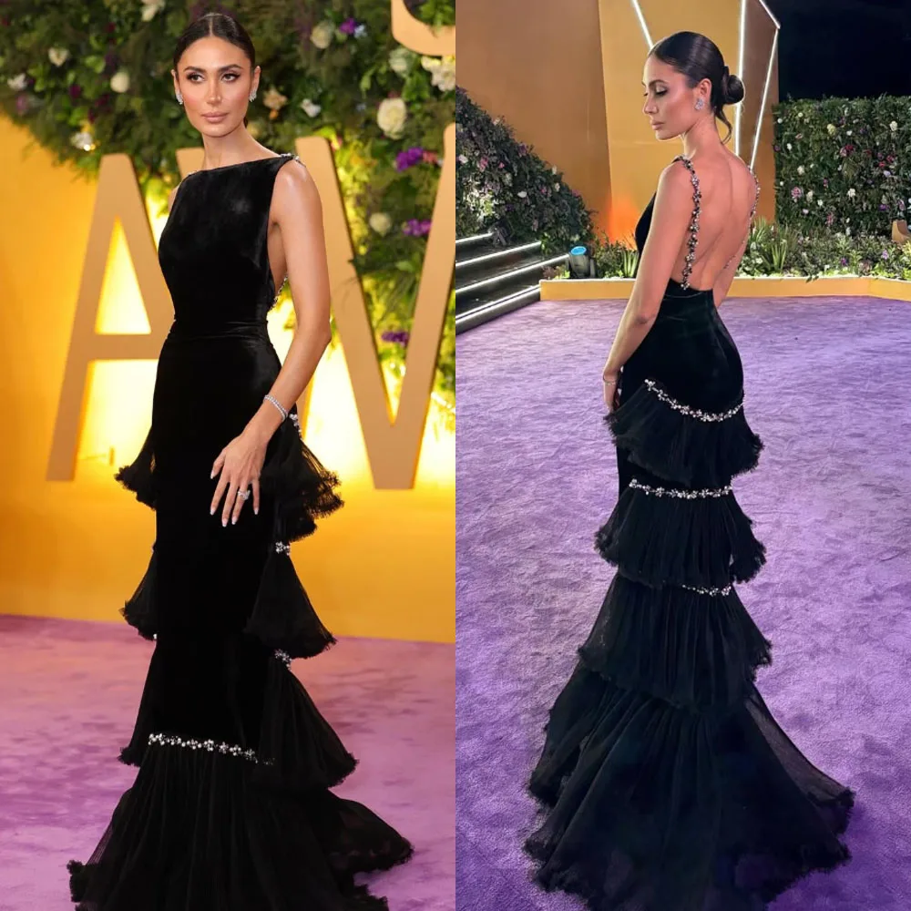 Customized High Quality Floor Length Sleeveless Tiered Backless Beaded Thin Suspeders Formal Dress Women Elegant Cocktail Dress