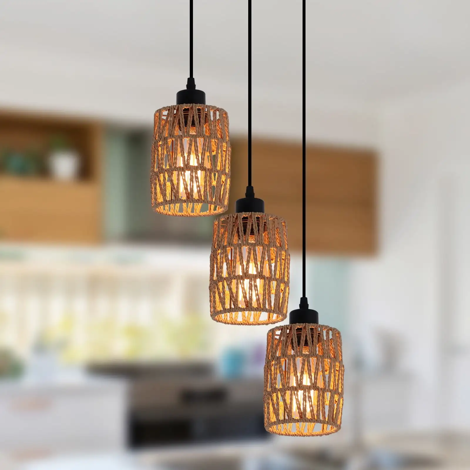 3-Light Rattan Chandelier Farmhouse Boho Hanging Lamp Fixture with Hand-Woven Wicker Shade for Bedroom Living Room Foyer Hallway