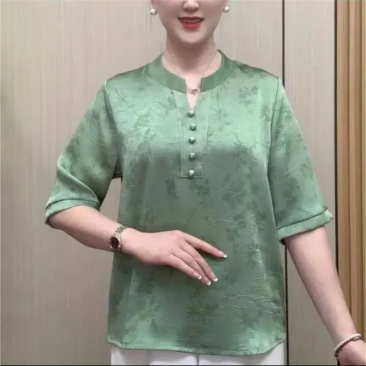 5XL Large Size Women T-Shirt Tops 2026 New Summer Fashion Printed Shirts Middle-aged Elderly Mother Thin Jacquard Blouse Tees
