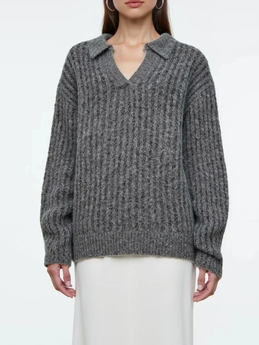 TWOTWINSTYLE Ufficio Minimalista Maglione ad ago spesso per le donne Risvolto Manica lunga Temperamento casual Tunica Orlo Maglieria Donna Nuovo