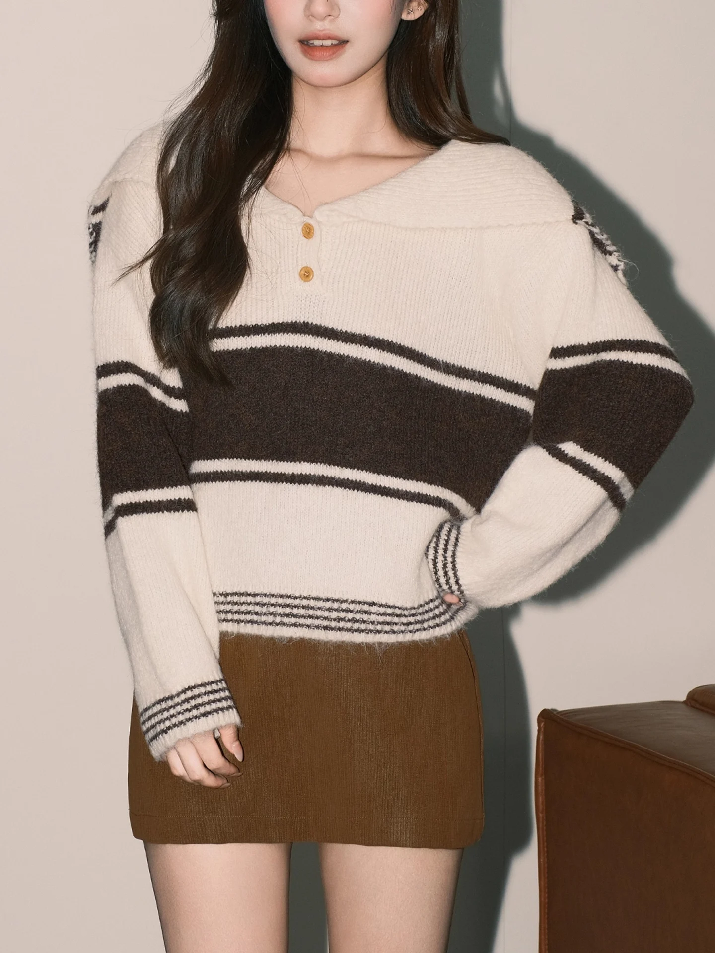 Loose Fit Lange Sve Gebreide Trui Dames Winter Faion Koreaanse Sle ey Streep Marine Kraag Zachte Comfortabele Top