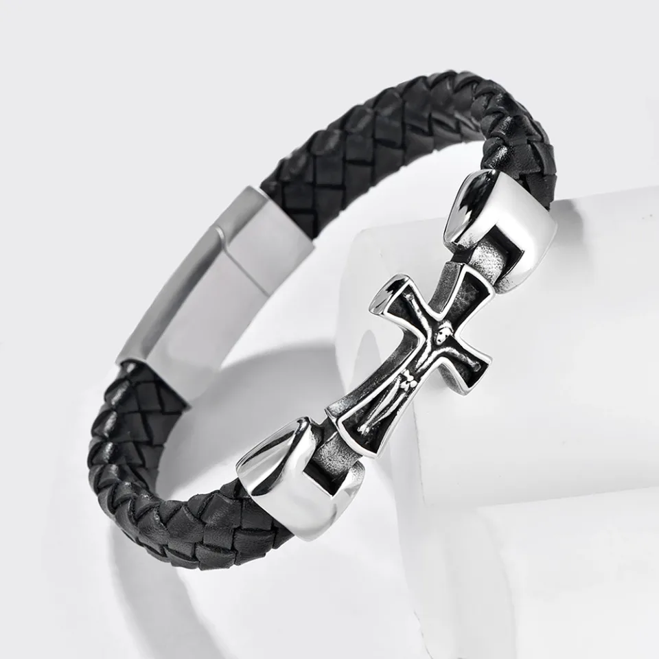 

Vintage Stainless Steel Jesus Cross Amulet Bracelet Gothic Biker Fashion Leather Bracelets For Men Women Religious Jewelry Gifts