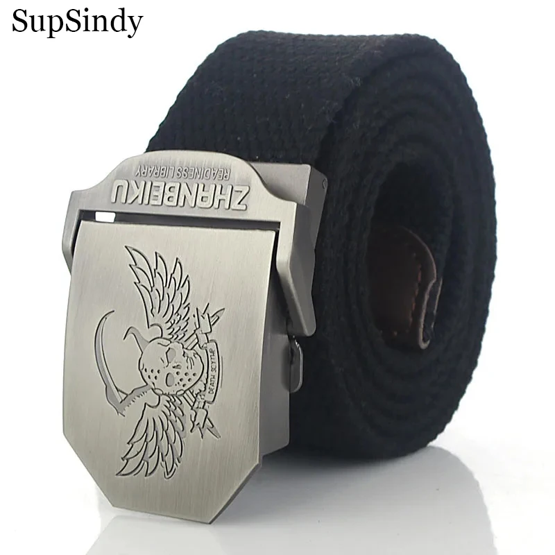 

SupSindy Men Canvas Belt Luxury Skull Metal Buckle Army Military Tactical Belts for Men Jeans Waistband Soldier Male Strap Black