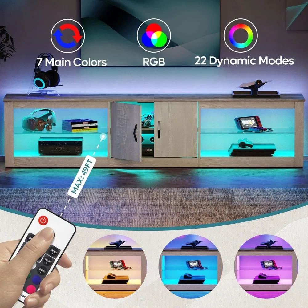 حامل تلفزيون LED لأجهزة التلفاز مقاس 75-86 بوصة، ومركز ترفيه مع خزانة تخزين ورف زجاجي قابل للتعديل لألعاب PS5