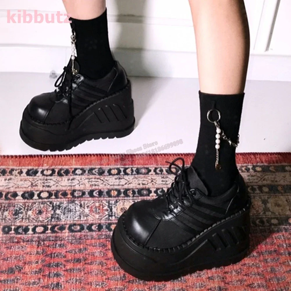 Thick Bottom Sneaker Pumps Platform Genuine Leather Lace-Up Solid Color Y2k Punk Rock Fashion Novelty Concise Women Shoes Newest