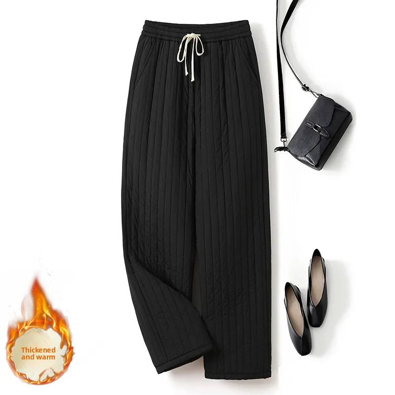 Pantaloni invernali in cotone Thiened Pantaloni a gamba larga da donna Pantaloni a prova di freddo foderati in Fce Pantaloni lunghi Dstring per donna