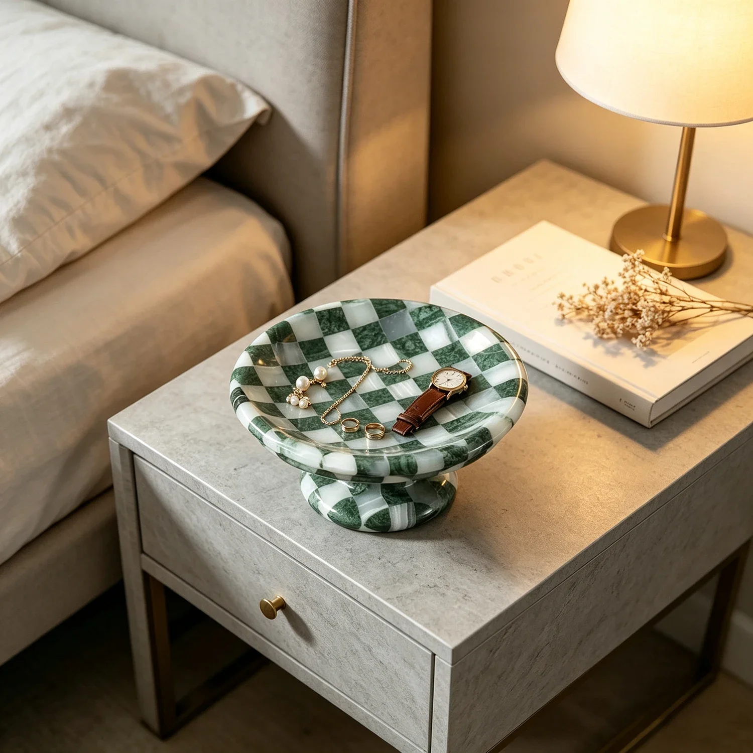 Green White Checkered Marble Decorative Tray Raised Pedestal Storage Tray Natural Stone Jewelry Organizer Home Tabletop Decor
