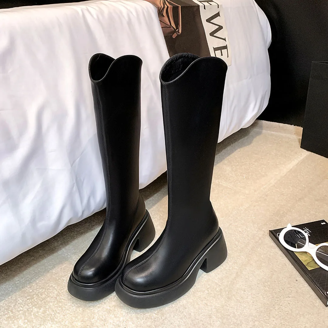 Mulheres de couro genuíno outono tornozelo joelho botas altas inverno primavera cunha britânica étnica zip plataforma sapatos