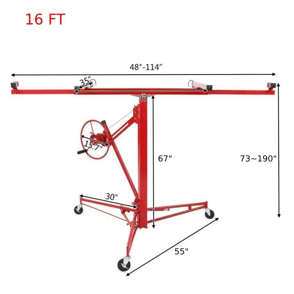 16' Drywall Panel Lifter Hoist Jack Rolling Caster Lockable DIY Tool Steel Red