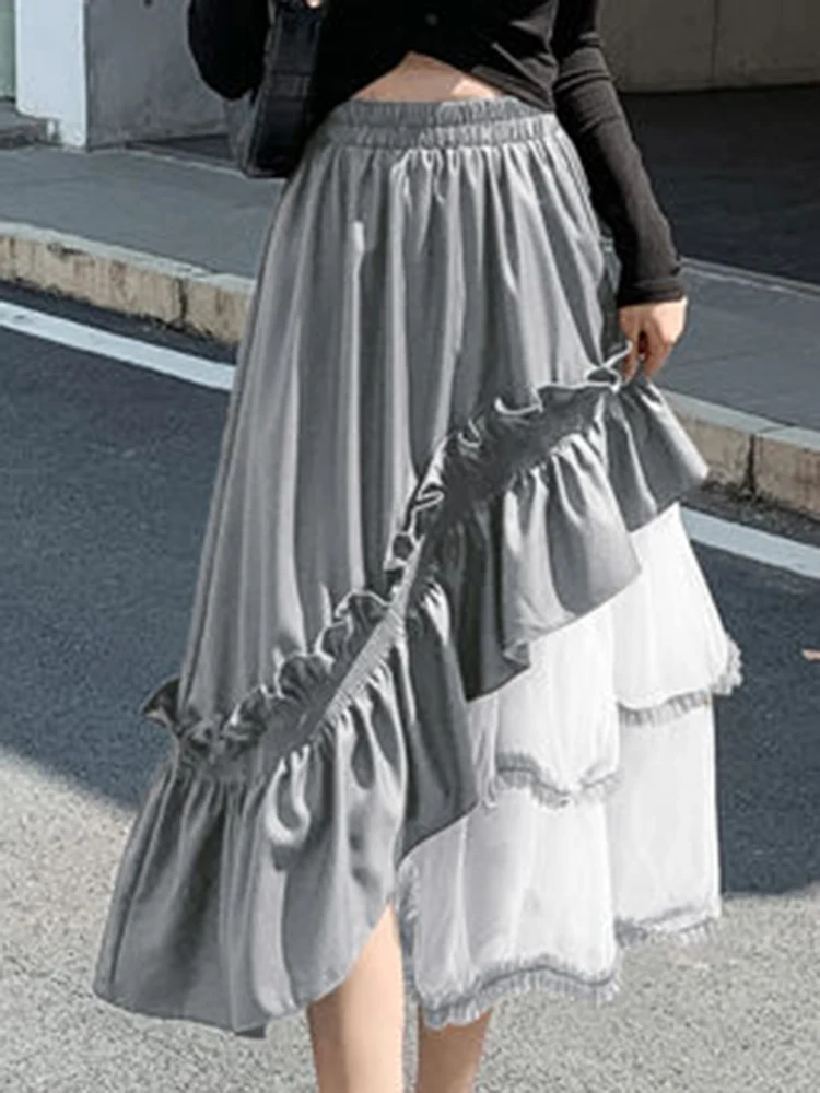 

Korean Mesh Skirts Women Fashion Ruffle Panels A-line Skirts Summer Casual Irregular Patchwork Skirts Lady Elegant Loose Skirts
