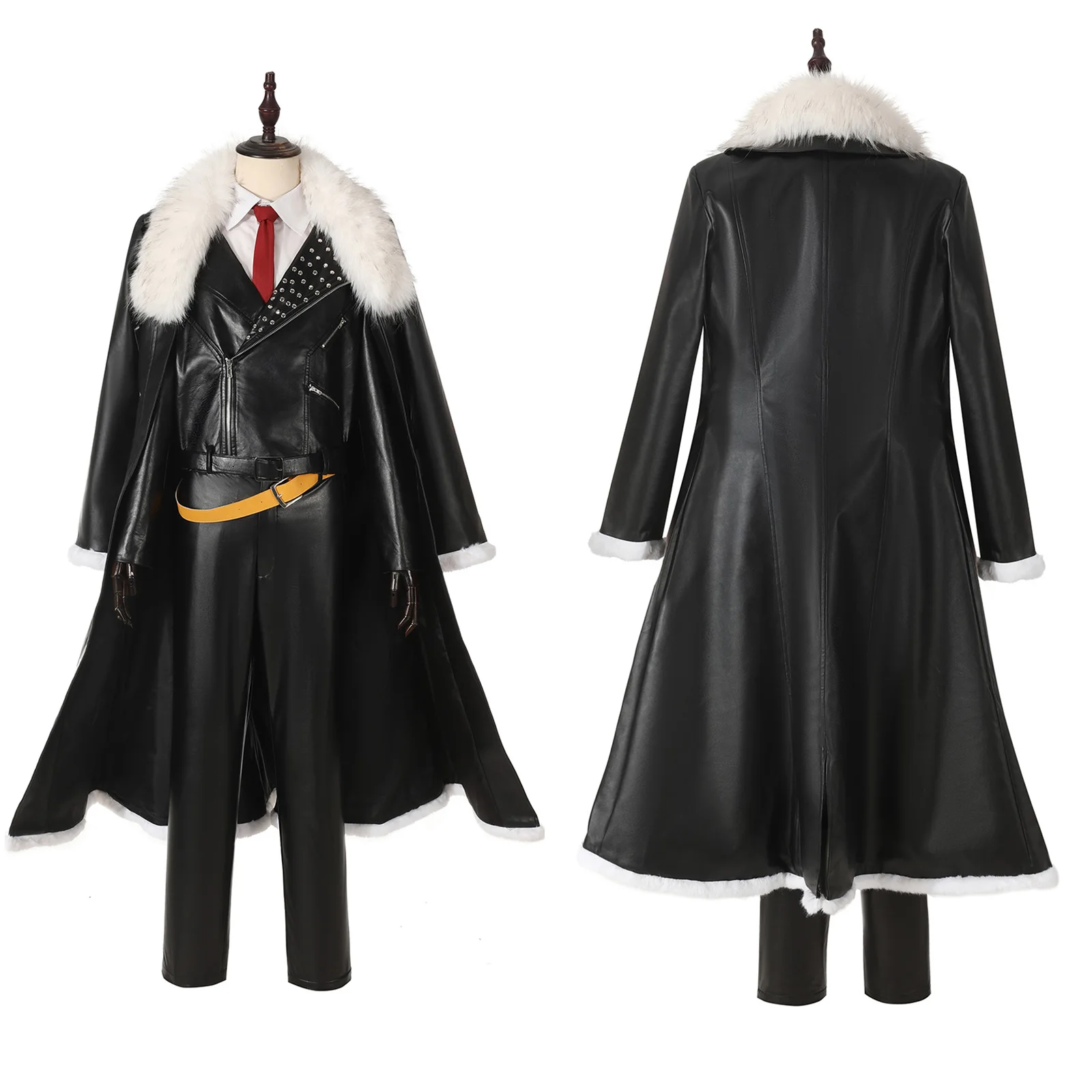 Juego Tezcatlipoca disfraz de Cosplay para hombre, chaqueta de cuero con cuello de piel, abrigo largo, conjunto de uniforme de cuero negro, traje de fiesta de Halloween