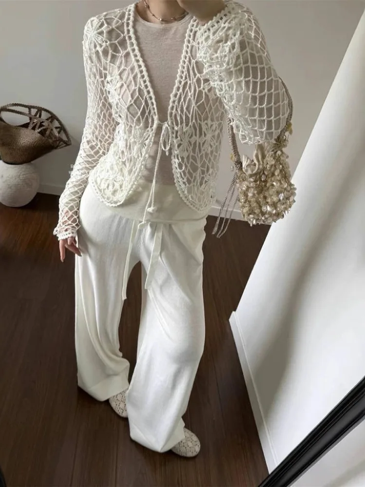 

Delicate Handmade Crochet Flower Net Long Sleeve Open Cardigan Soft Gentle Style V-Neck Regular Length Thin Fabric Bright Sequin