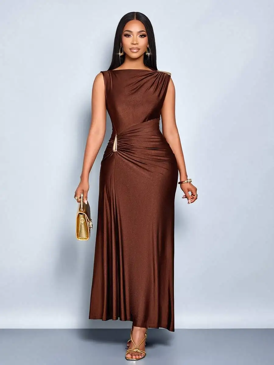 

Elegant Solid Brown Fitted Maxi Dress with Metallic Detail and Draped Neckline