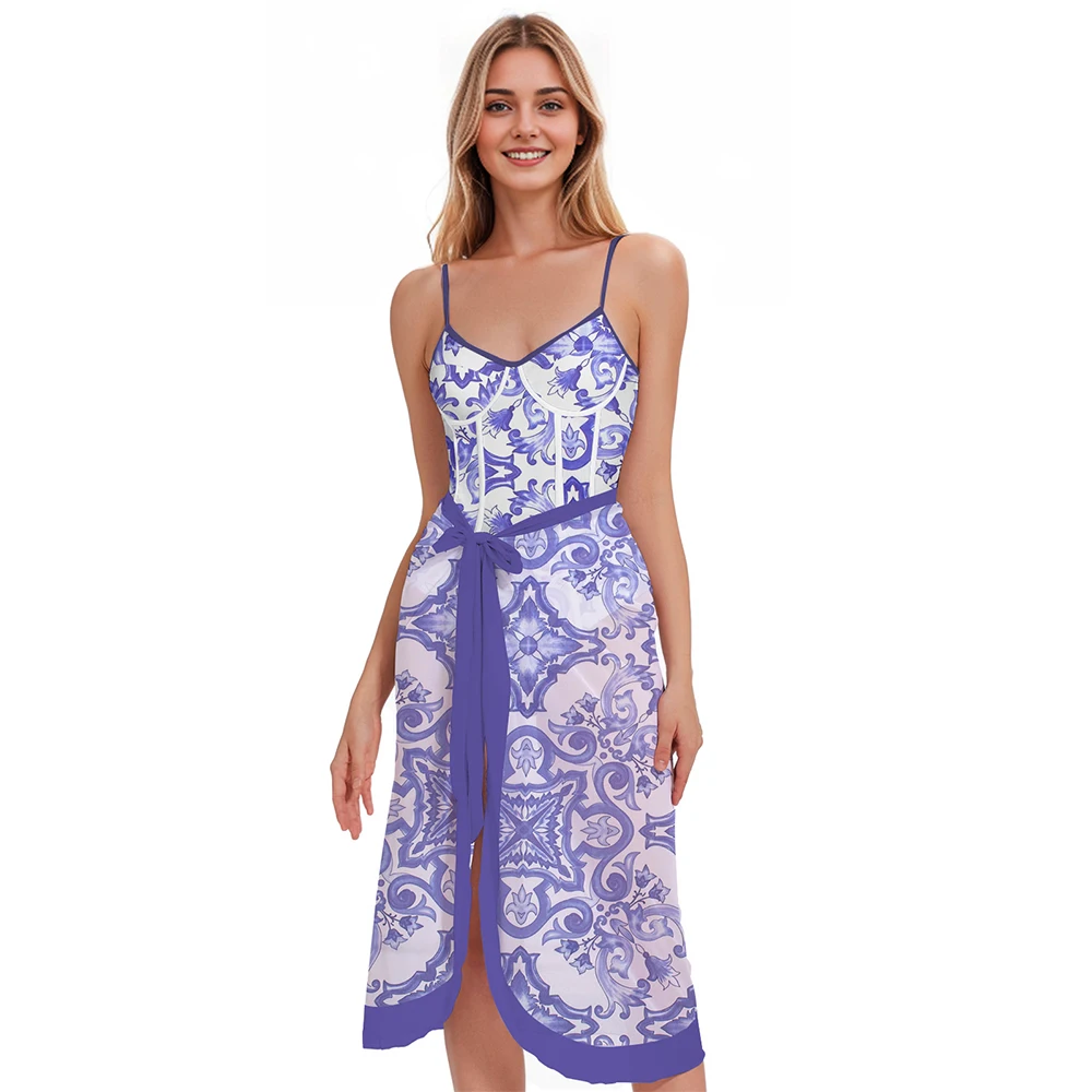 Blue Printed One Piece Swimsuit Women Bathing Suit Female Swimwear Girls Summer Beachwear Swimming Suit