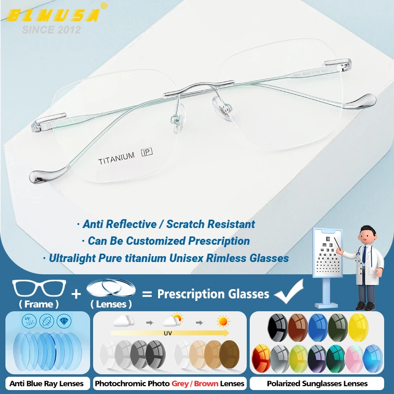 

BLMUSA Fashion Ultralight Rimless Titanium Frame Myopia Prescription Glasses Women Anti Blue Light Multifocal Reading Eyeglasses