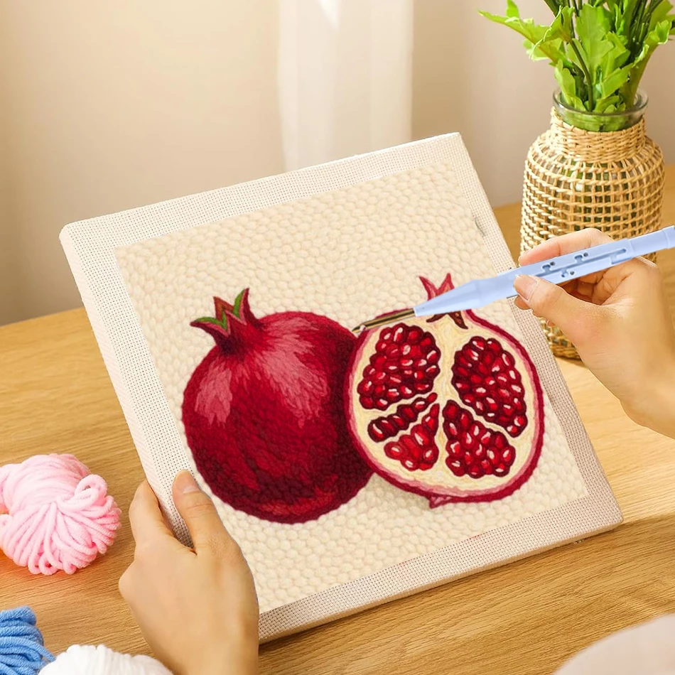 

Punch Needle Embroidery Kit for Beginners Pomegranate Pattern DIY Craft Set with Fabric Yarn and Tools for Home Wall Decor Gift