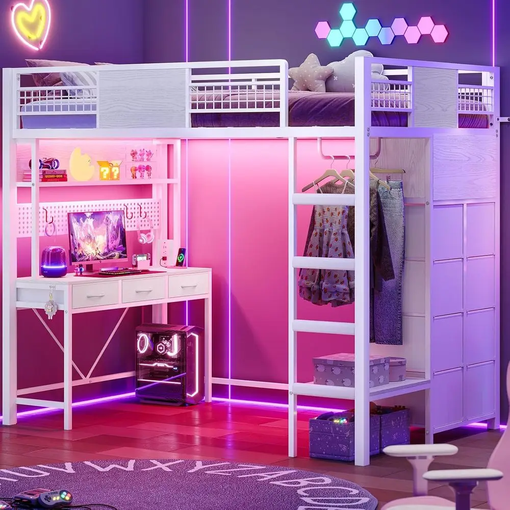 

Двухъярусная металлическая кровать Twin Size со столом, 11 ящиками, RGB LED-подсветкой, розеткой, полками и вешалкой для одежды, защитный барьер 13.4, матрас.