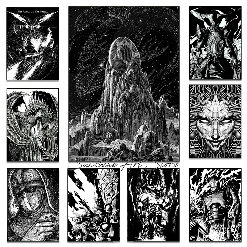 Videojuego clásico, personajes de Manga de película, cómic blanco y negro, estilo Manga, póster de dibujo, pintura en lienzo, imágenes de pared, decoración