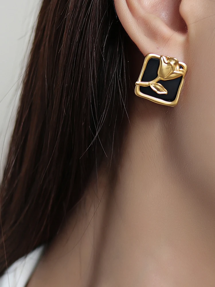Brass With 18K Enemal Rose Flower Earrings Women Jewelry Punk Designer Runway Rare Simply Gown Boho Japan Korean
