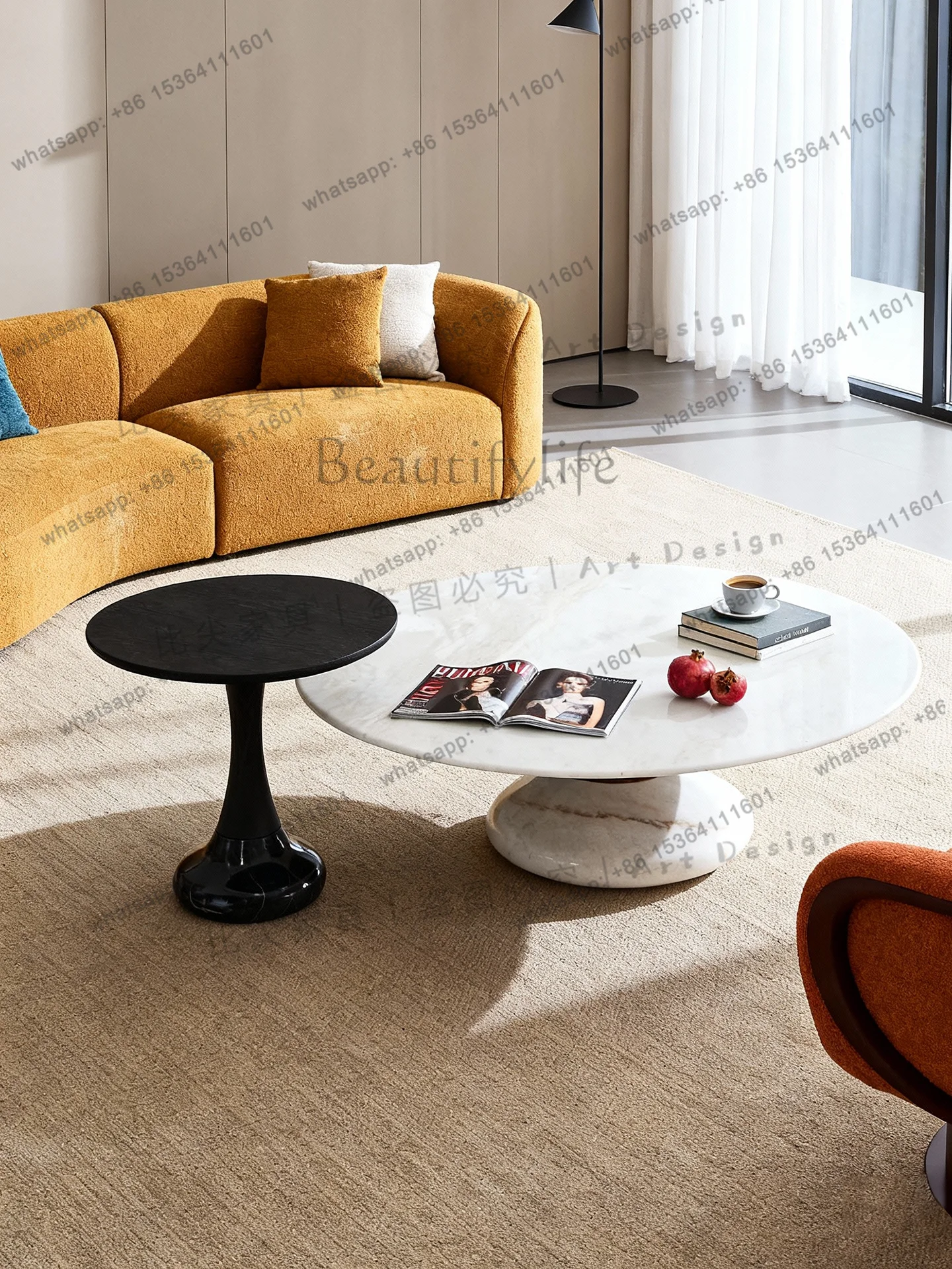 Minimalist natural luxury stone coffee table, golden sand and white jade high-end large flat-floor villa designer customization