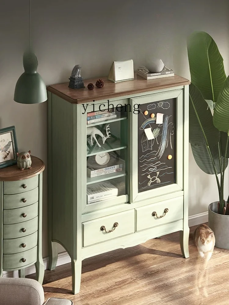 CZ Children's Blackboard Cabinet Solid Wood Bookcase Floor Short Bookcase Storage Rack with Glass Door Push Pull Pull Pull
