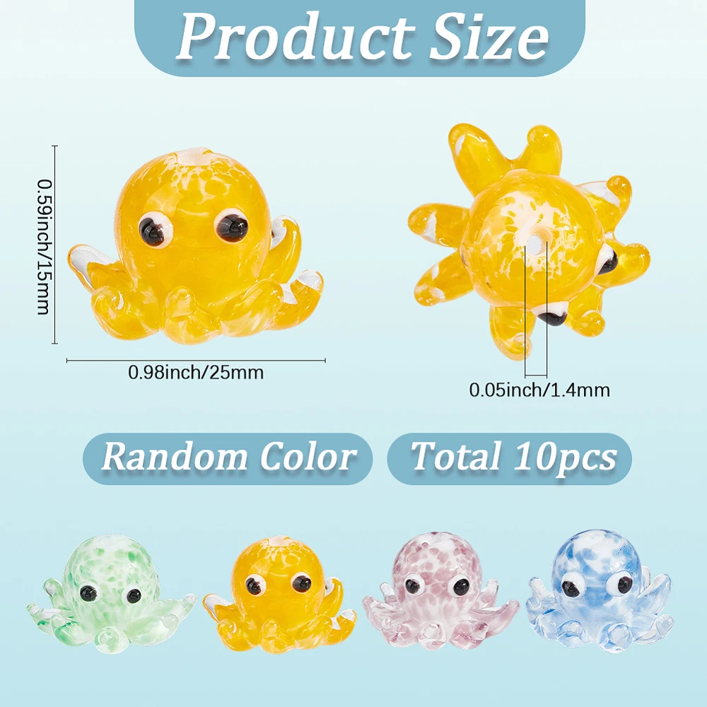 10Pcs Glass Octopus Beads Ocean Animal Beads Lampwork Glass Random Color Bumpy Clear Handmade 3D Ocean Sea Animals Loose Spacers