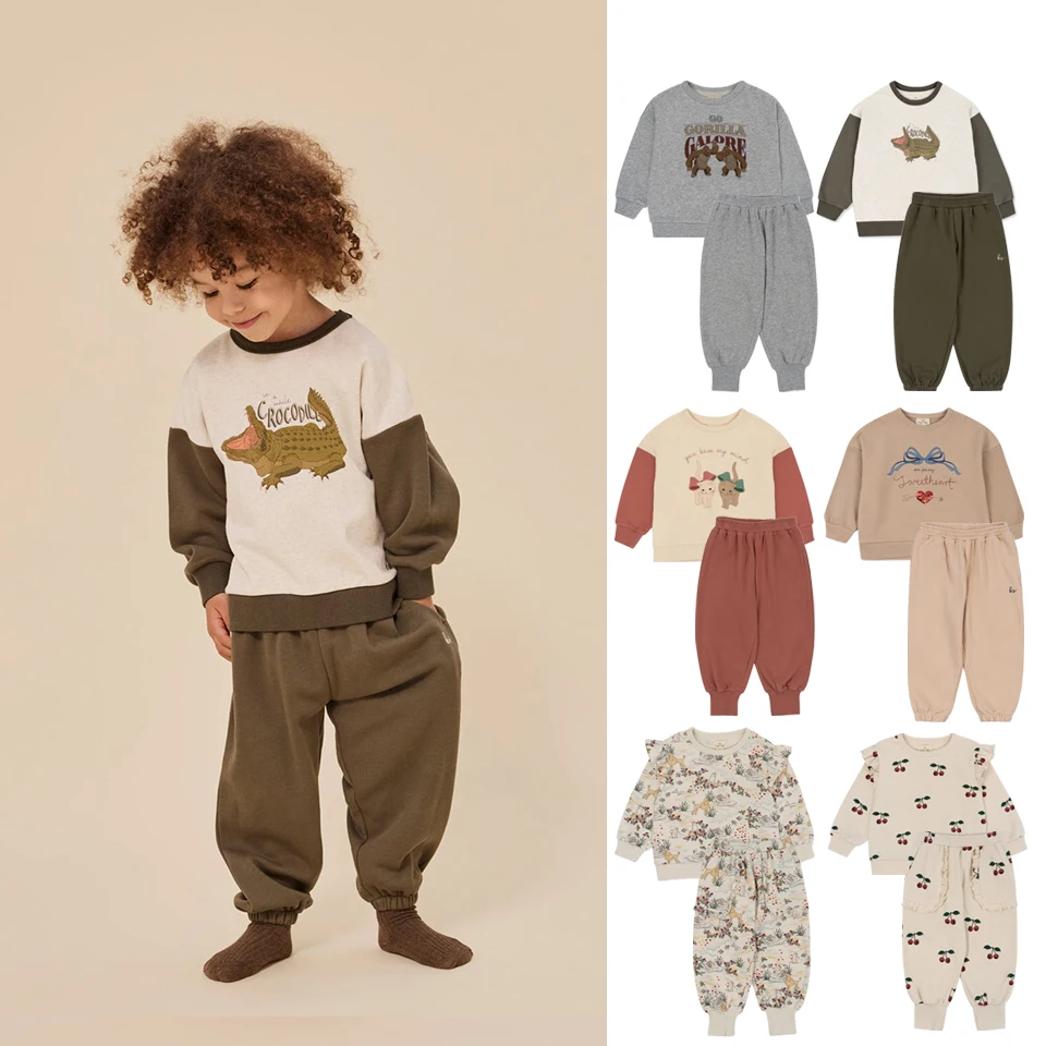 New KS Children Clothes Set 2024 Spring Cartoon Printed Girls Boys Summer Clothing Sweatshirt Set Kids Sweater Heart Print Pants