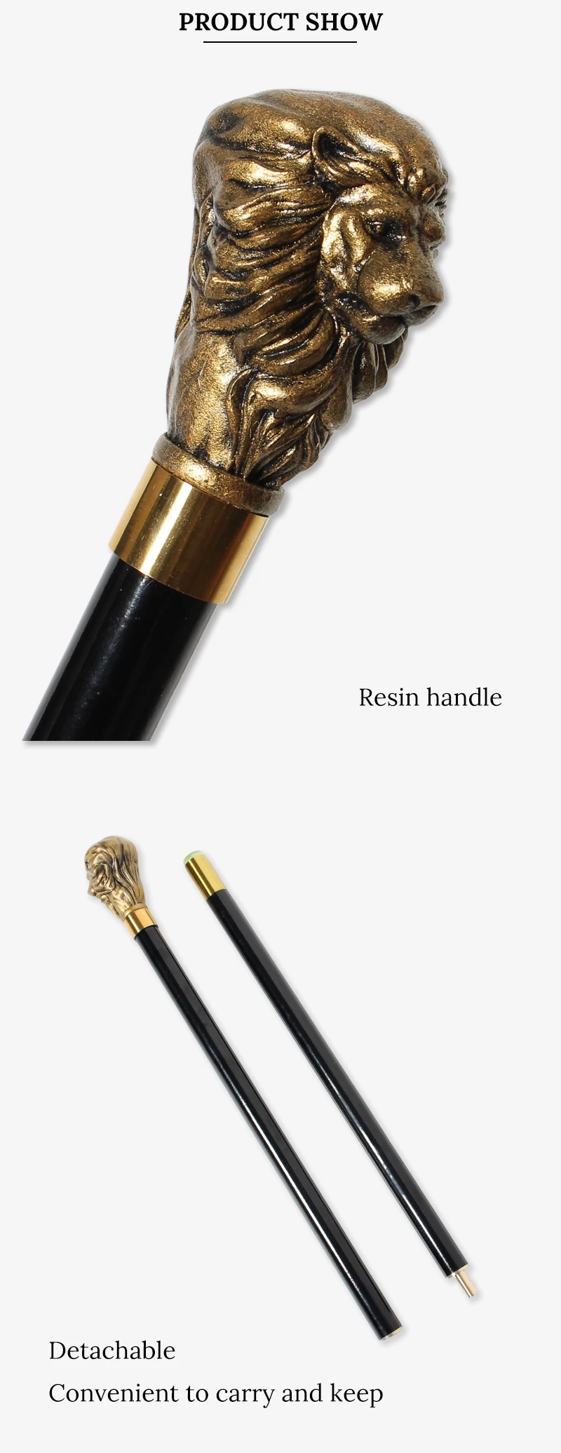 Black Gold Lion Head Handle Detachable Beech Wood Walking Cane Elegant Vintage Walking Stick Men Women Cosplay Decorative Use