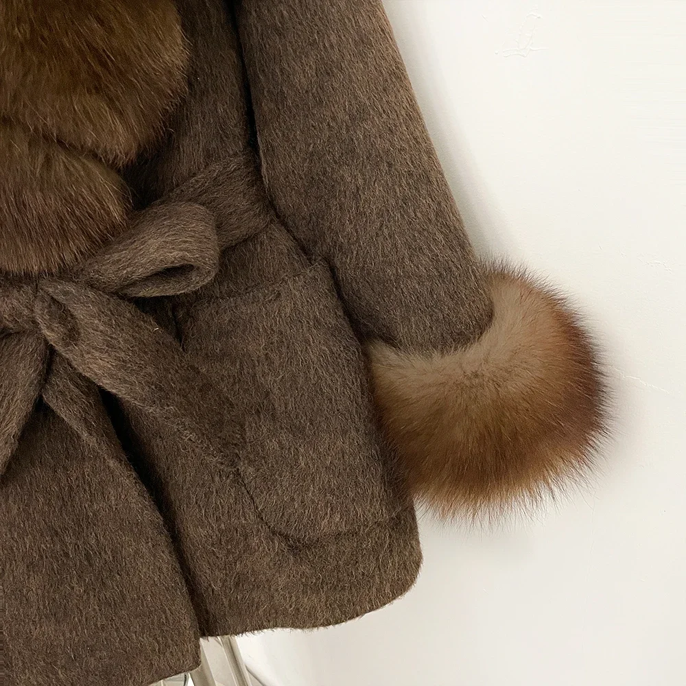 OFTBUY Neue Winterkleidung Damen Wollmantel mit Kapuze, Natürlicher Pelzkragen und -manschetten, Luxuriöser Gürtel, Echte Fuchspelz-Wolljacke für Frauen – Detail 6