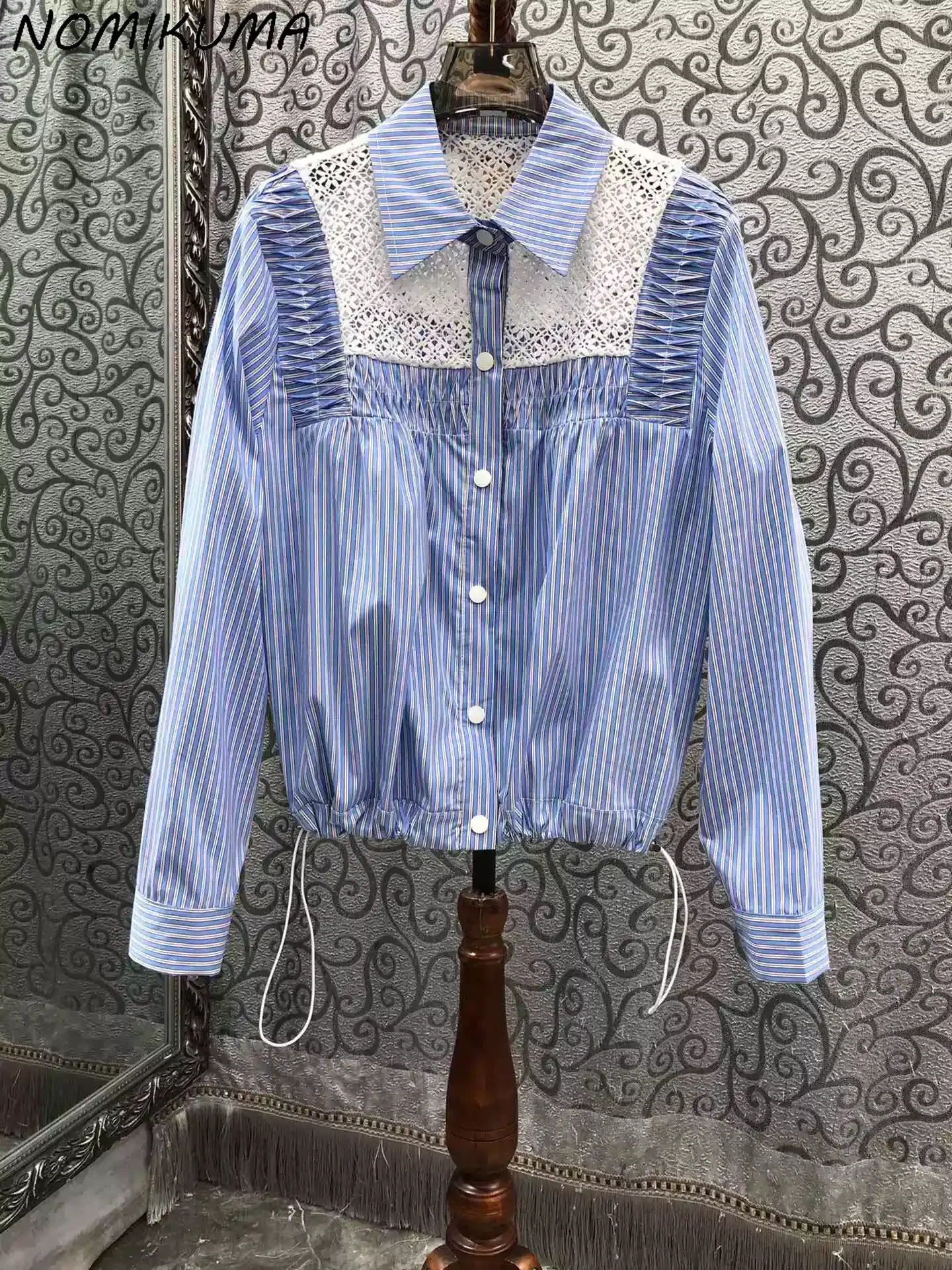 Nomikuma-Camisa de manga larga con bordado francés para mujer, camisa con dobladillo de empalme ahuecado, con cordón, elegante, para otoño, 2024