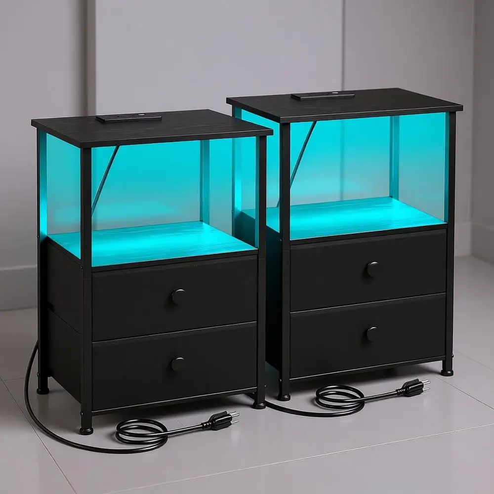 

Night Stand Set 2, LED Nightstand with Charging Station, End Tables with Storage Shelf, Bed Side Table with 2 Fabric Drawers for