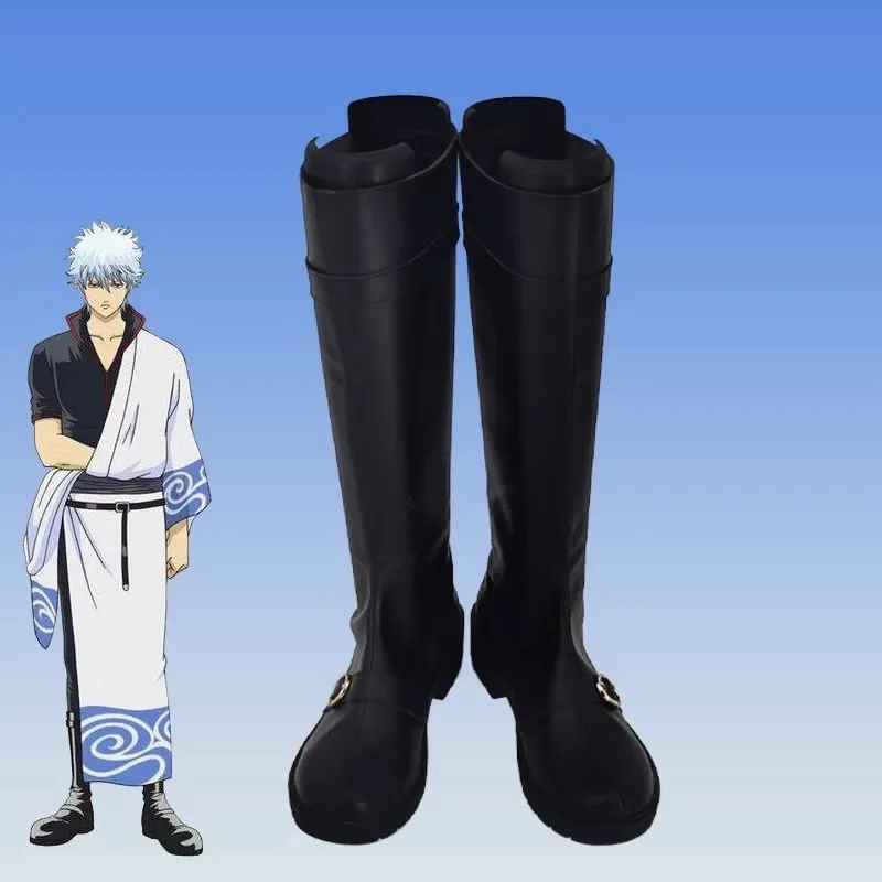 

JP Anime Gintama Silver Soul Sakata Gintoki Cosplay Costume Shoes Black Handmade Boots