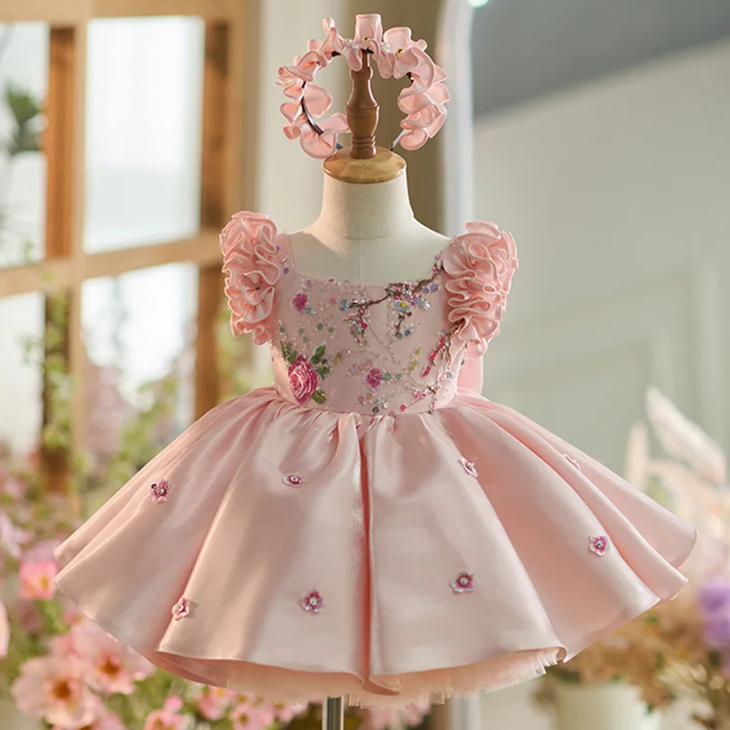 Children's evening dress new embroidered sleeveless small flying sleeves satin puffy girl princess dress + hair accessories