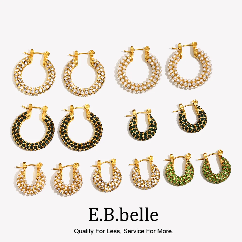 E.B.belle New Delicate Quality Luxury 3A Zircon Hoop Earrings Stainless Steel Jewelry 18K Gold Plated Clear Crystal Earrings