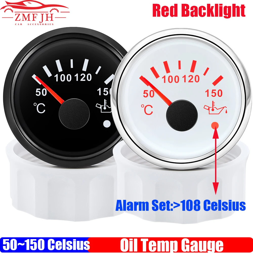 50~150 Celsius 52mm Oil Temperature Gauge with Flashing Alarm Red Light for Auto Car Marine 1/8NPT Oil Temp Meter Sensor 12V 24V