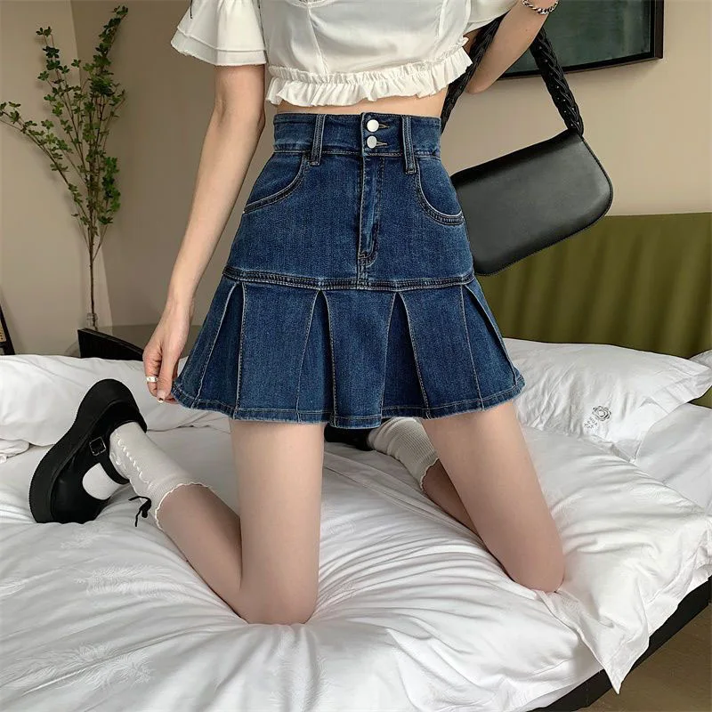 Lucyever Korean Style Women\'s Mini Denim Skirt Fashion High Waist A-Line Jean Skirts Woman 2025 Summer New Street Pleated Skirts